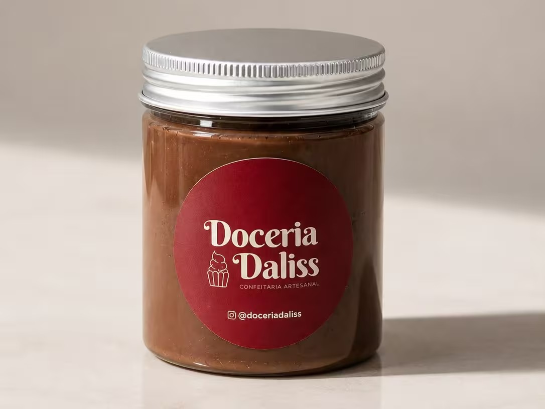 Pote de vidro com brigadeiro de colher, tampa de alumínio e rótulo da Doceria Daliss